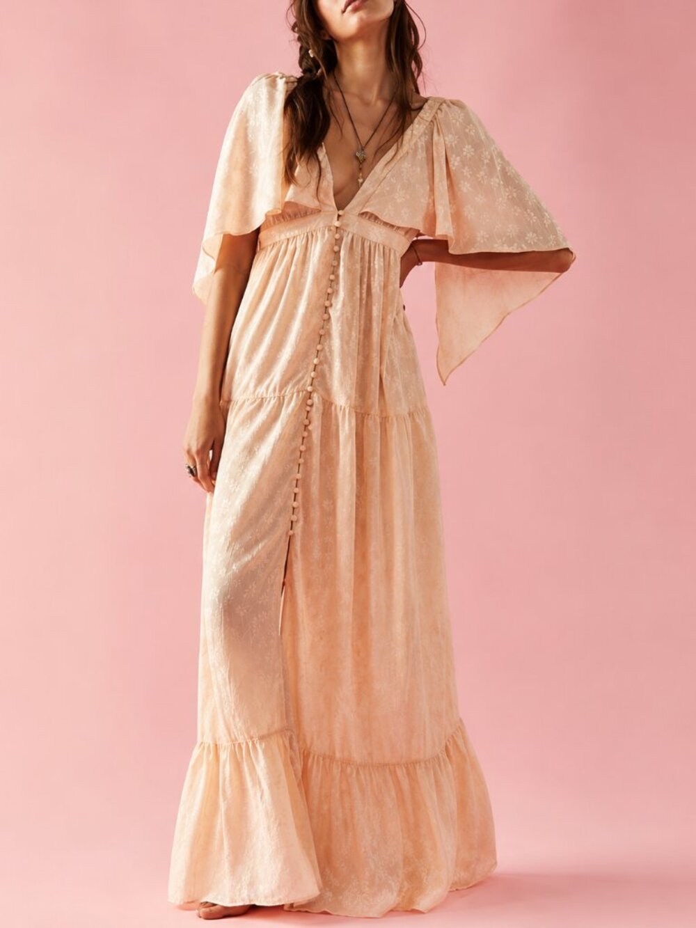 Free People Cha Cha Maxi Dress Pink Tint Jacquard Boho Cape Sleeve Tiered Maxi S